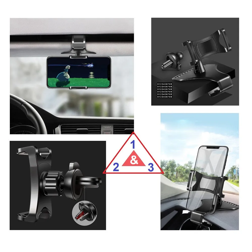 3 in 1 Car GPS Smartphone Holder: Dashboard / Visor Clamp   AC Grid Clip for BLU Brilliant T410 - Black
