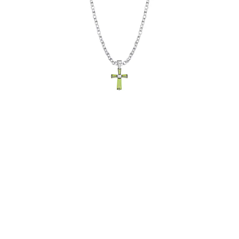 3/8 Inch Sterling Silver and Glass Crystal August Birthstone Baguette Cross Baby Necklace