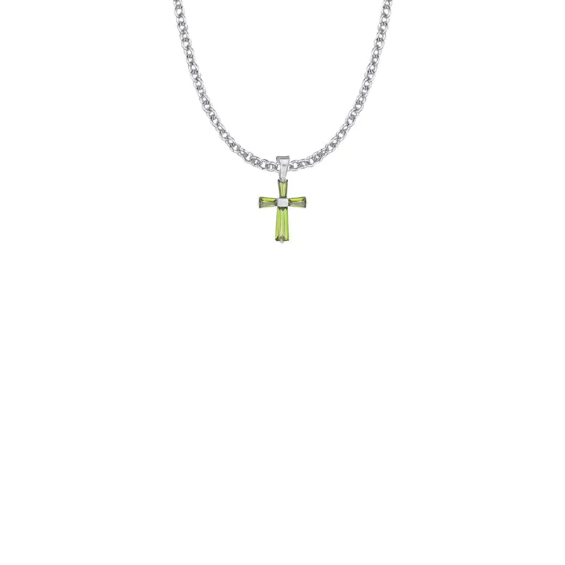 5/8 Inch Sterling Silver and Glass Crystal August Birthstone Baguette Cross Necklace