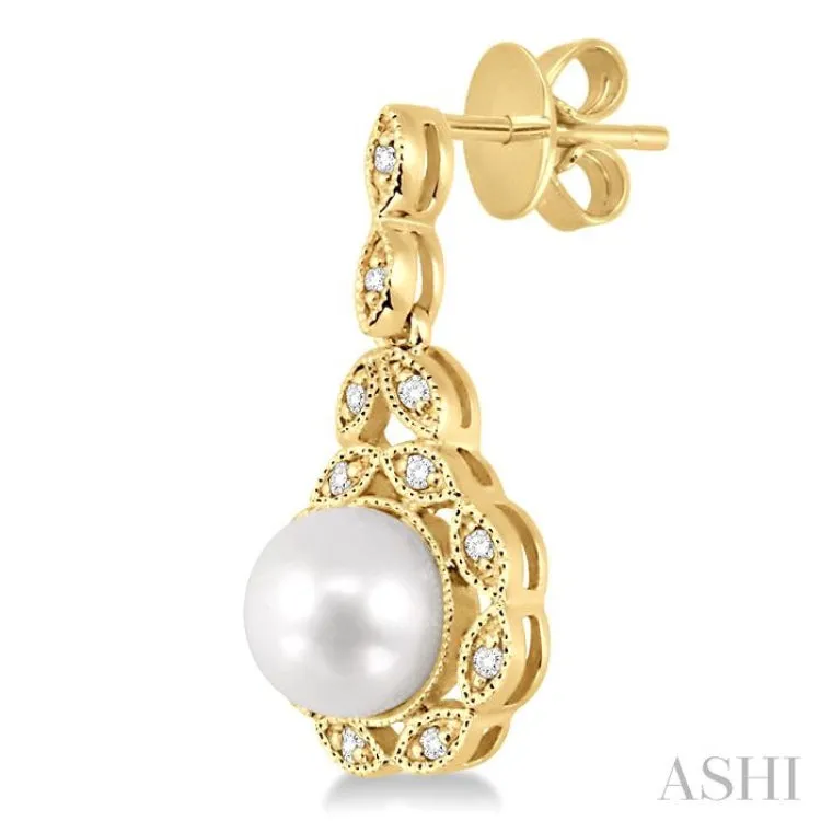 6X6 MM Round Shape Cultured Pearl and 1/8 ctw Cutwork Marquise Round Cut Diamond Fashion Earring in 14K Yellow Gold