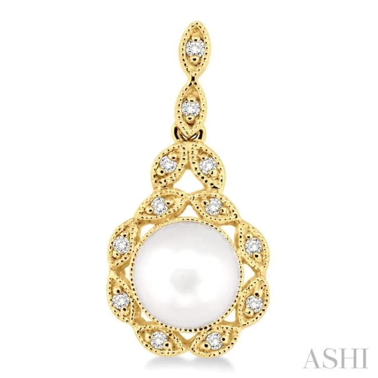 6X6 MM Round Shape Cultured Pearl and 1/8 ctw Cutwork Marquise Round Cut Diamond Fashion Earring in 14K Yellow Gold