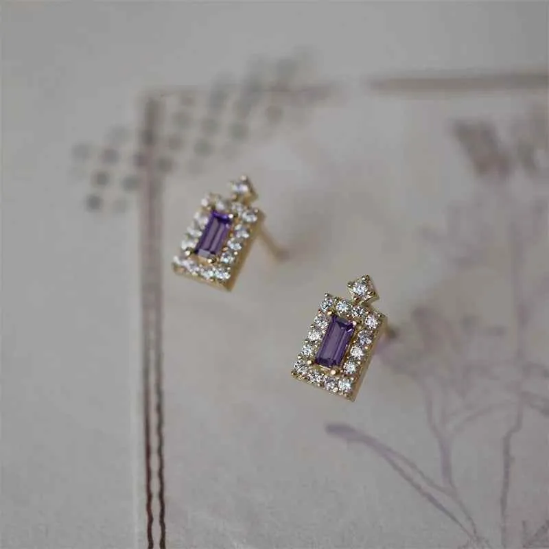 925 Sterling Silver Stud Earrings Charm Jewelry - Purple Rectangle Zircon - Xm372