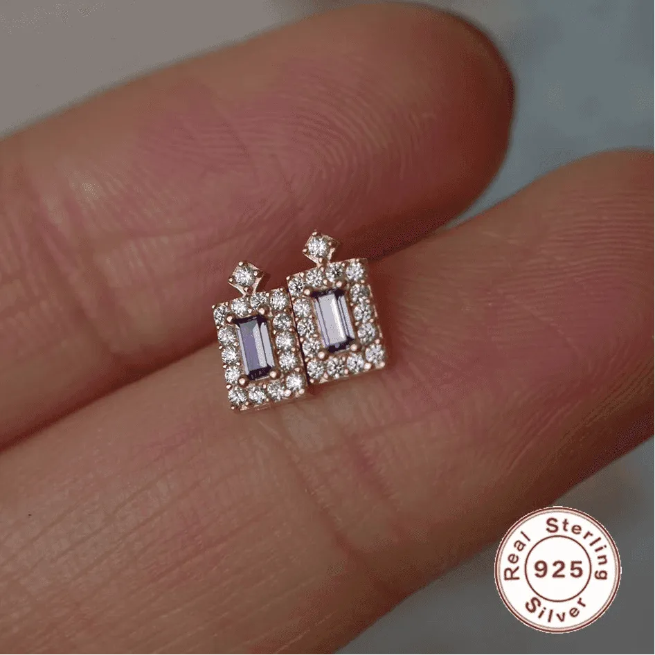 925 Sterling Silver Stud Earrings Charm Jewelry - Purple Rectangle Zircon - Xm372