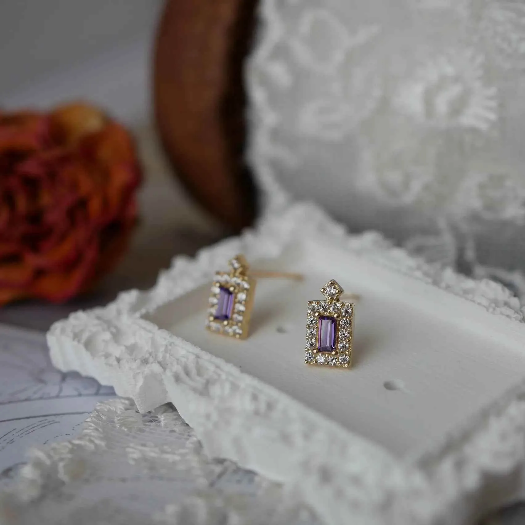 925 Sterling Silver Stud Earrings Charm Jewelry - Purple Rectangle Zircon - Xm372