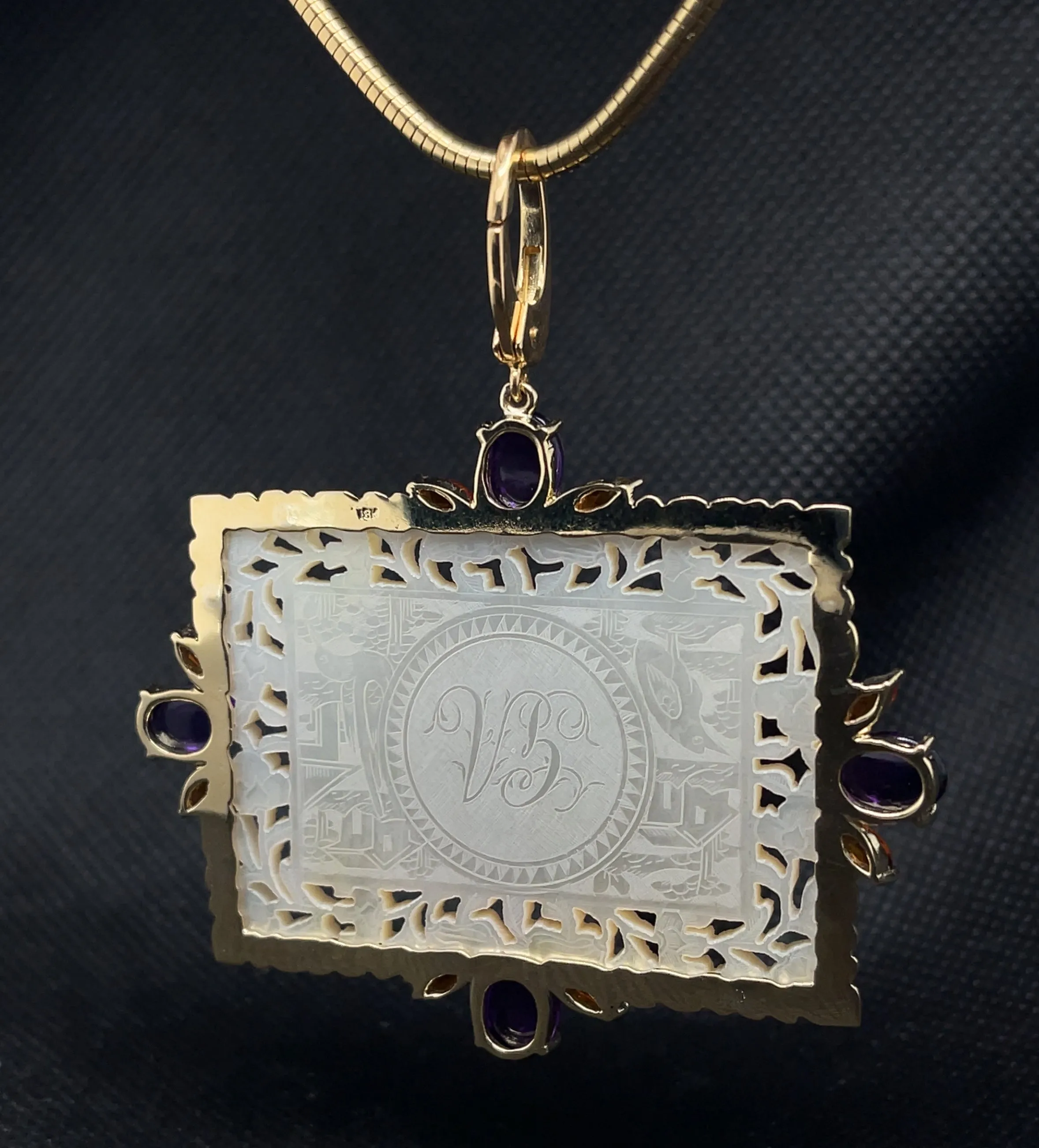 Antique Mother-of-Pearl Gaming Counter Pendant with Amethyst and Citrine