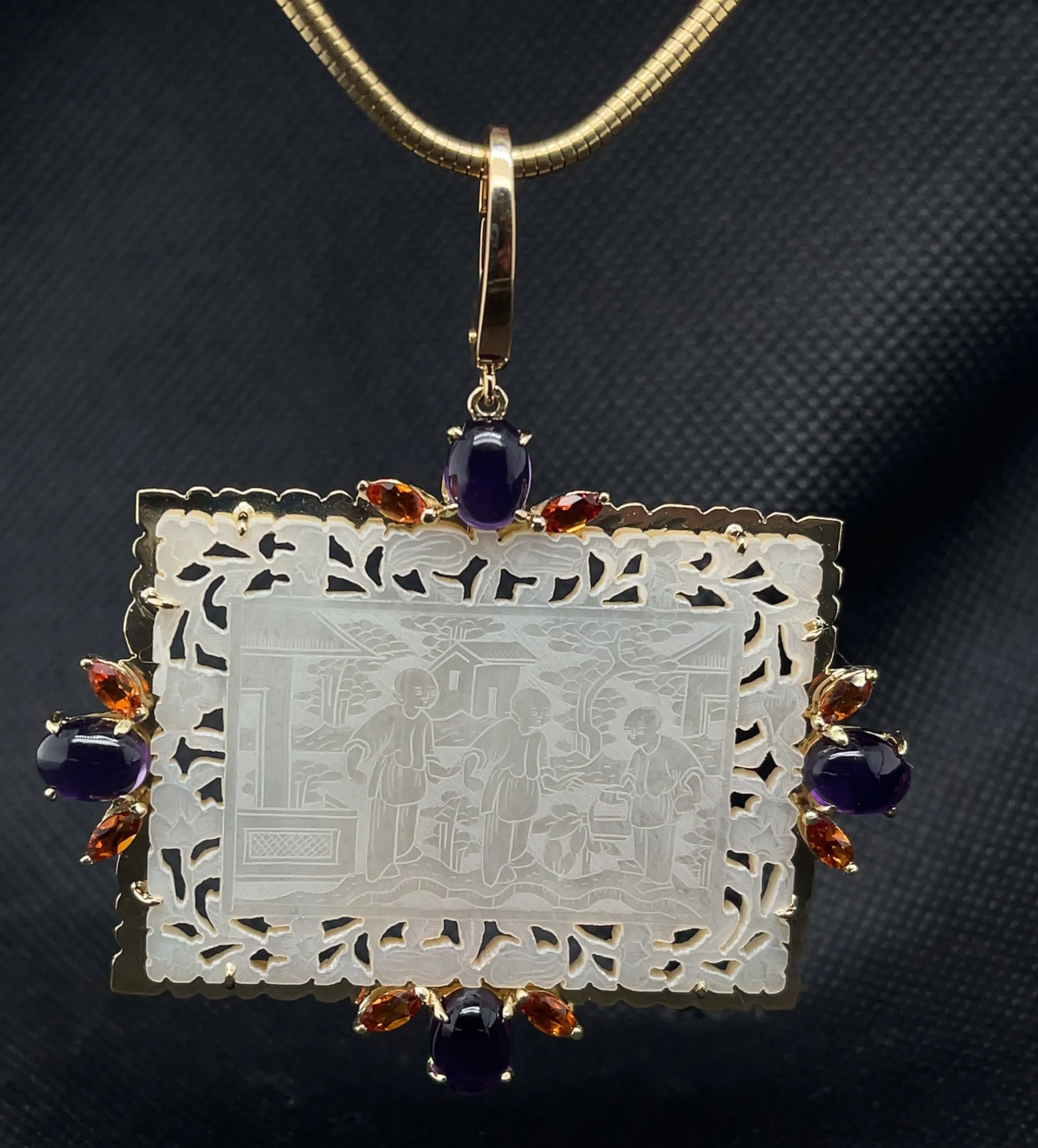 Antique Mother-of-Pearl Gaming Counter Pendant with Amethyst and Citrine