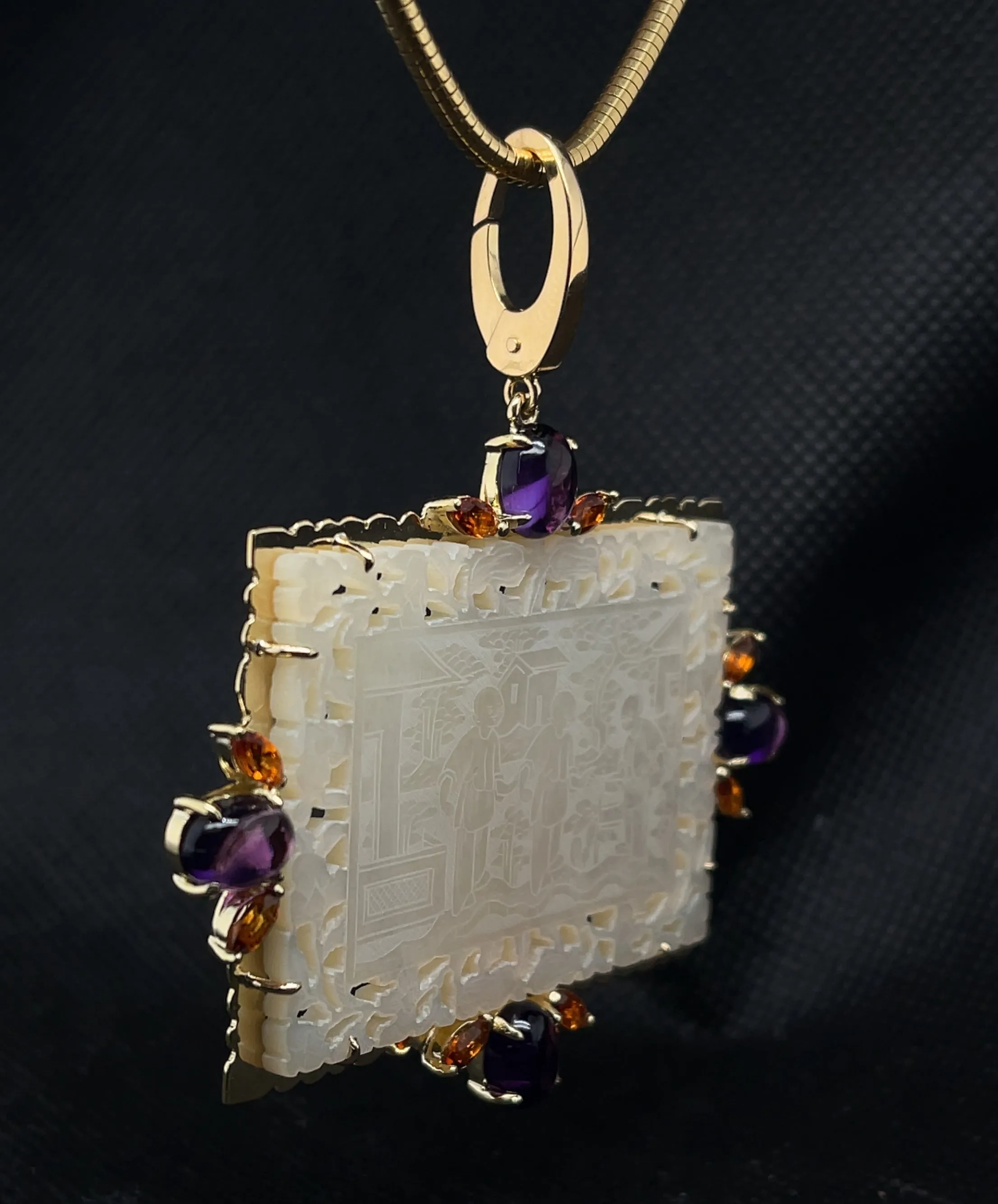 Antique Mother-of-Pearl Gaming Counter Pendant with Amethyst and Citrine