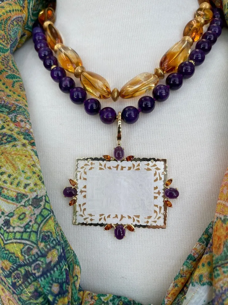 Antique Mother-of-Pearl Gaming Counter Pendant with Amethyst and Citrine