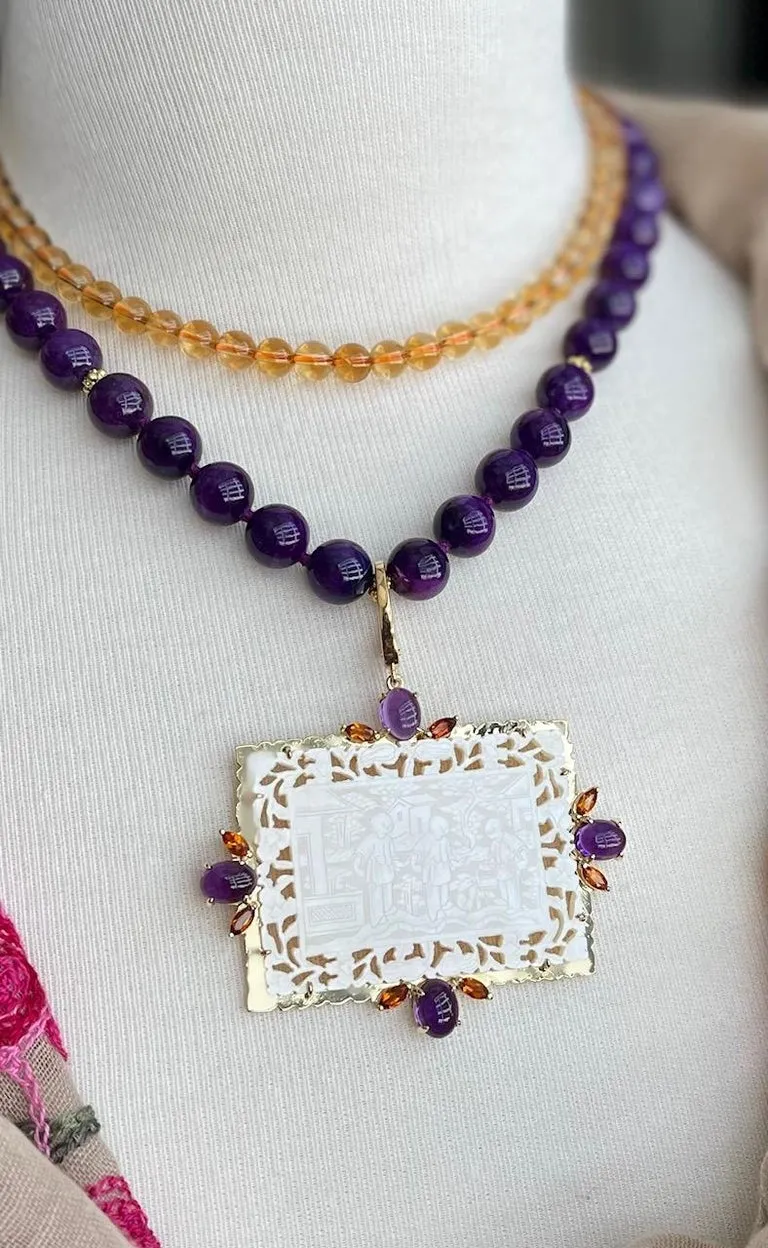 Antique Mother-of-Pearl Gaming Counter Pendant with Amethyst and Citrine