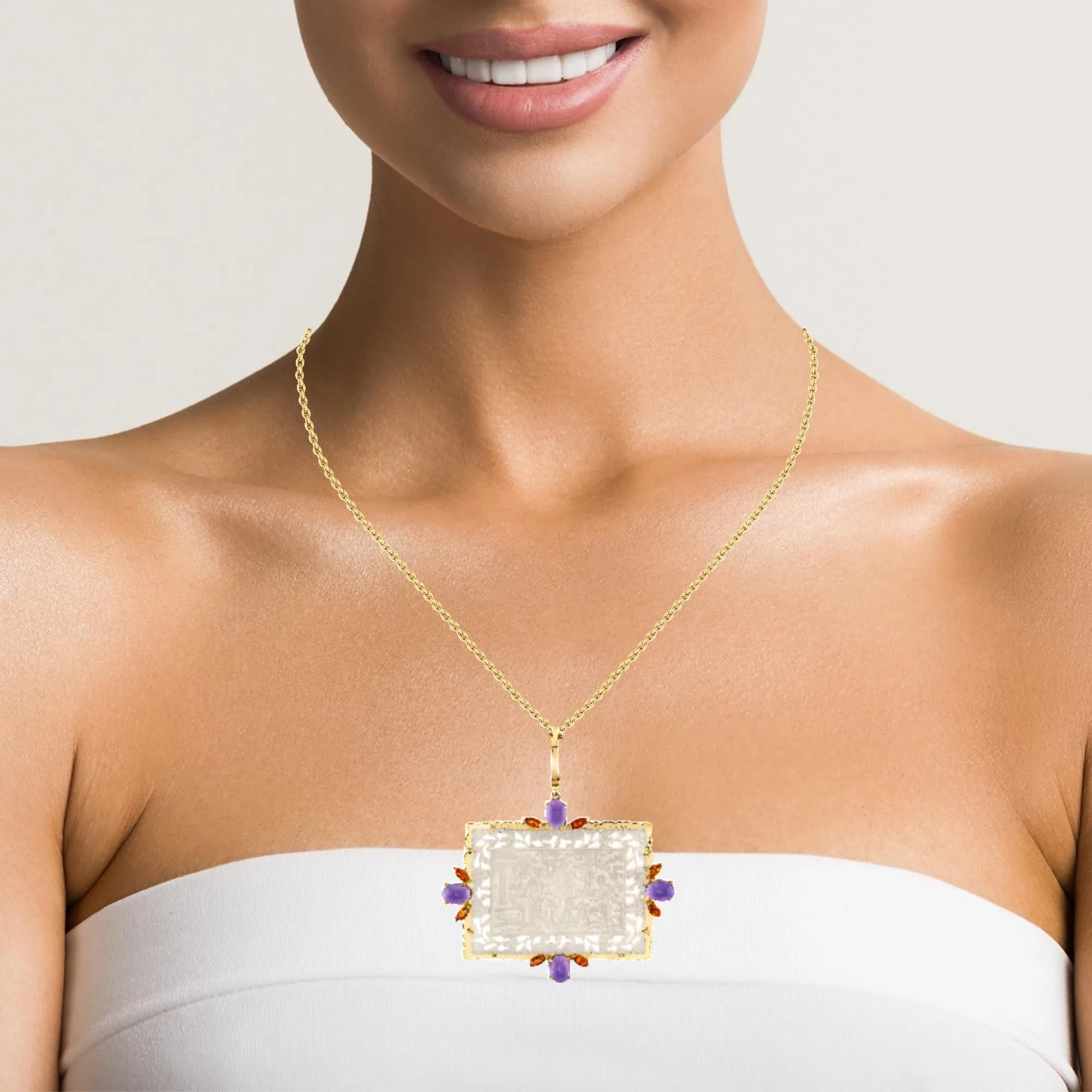 Antique Mother-of-Pearl Gaming Counter Pendant with Amethyst and Citrine