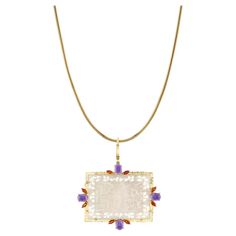 Antique Mother-of-Pearl Gaming Counter Pendant with Amethyst and Citrine