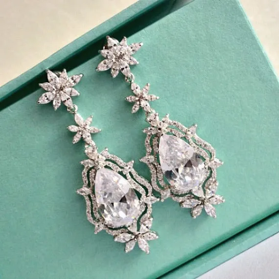 Art Deco Floral Cubic Zirconia Crystal Chandelier Bridal Earrings, Statement CZ Crystal Wedding Earrings, Bridal Wedding Jewelry
