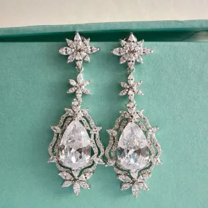 Art Deco Floral Cubic Zirconia Crystal Chandelier Bridal Earrings, Statement CZ Crystal Wedding Earrings, Bridal Wedding Jewelry