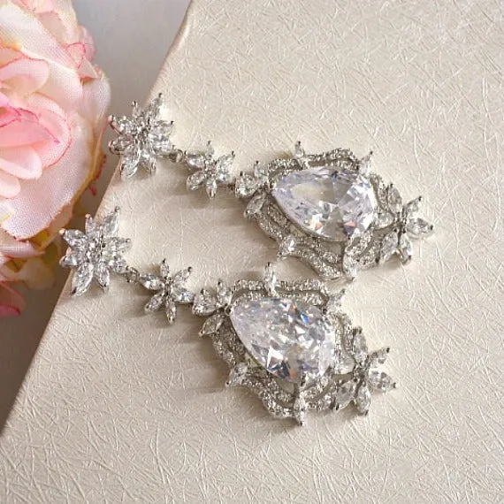 Art Deco Floral Cubic Zirconia Crystal Chandelier Bridal Earrings, Statement CZ Crystal Wedding Earrings, Bridal Wedding Jewelry