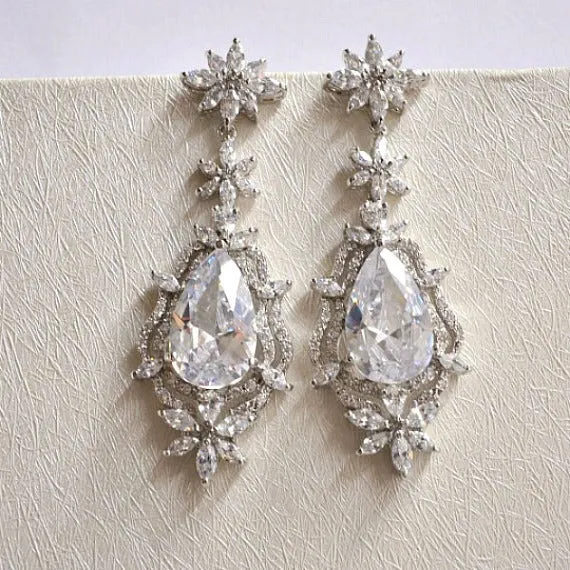 Art Deco Floral Cubic Zirconia Crystal Chandelier Bridal Earrings, Statement CZ Crystal Wedding Earrings, Bridal Wedding Jewelry