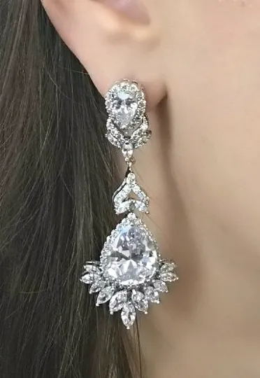 Art Deco White Gold Cubic Zirconia Earrings. Long CZ Crystal Chandelier Earrings. Bridal Drop Earrings. Wedding Jewelry. Vintage Wedding
