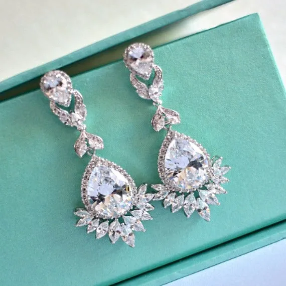 Art Deco White Gold Cubic Zirconia Earrings. Long CZ Crystal Chandelier Earrings. Bridal Drop Earrings. Wedding Jewelry. Vintage Wedding