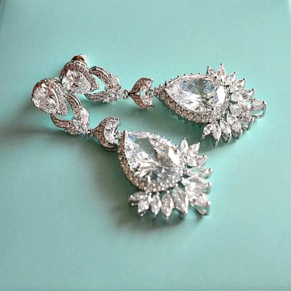 Art Deco White Gold Cubic Zirconia Earrings. Long CZ Crystal Chandelier Earrings. Bridal Drop Earrings. Wedding Jewelry. Vintage Wedding