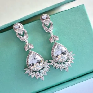 Art Deco White Gold Cubic Zirconia Earrings. Long CZ Crystal Chandelier Earrings. Bridal Drop Earrings. Wedding Jewelry. Vintage Wedding