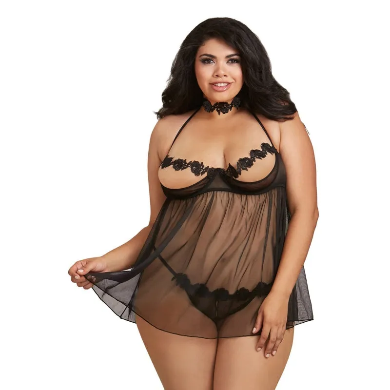 Babydoll Choker and G-String - Queen Size - Black