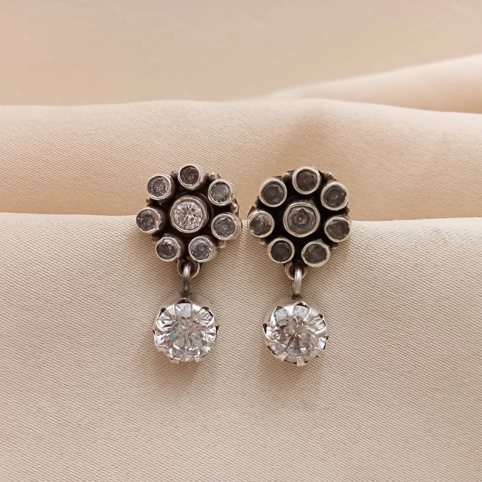 Cubic Zircon Floral Drop Earrings