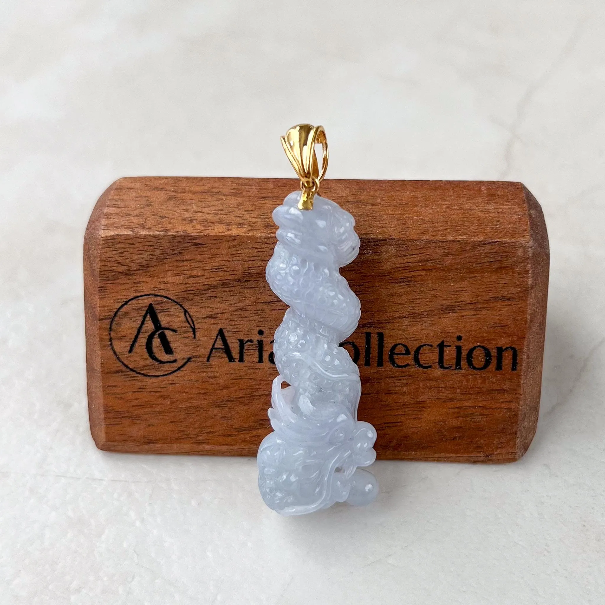 Dragon's Embrace Pendant with 18K Gold, Style 4, Light Purple Jadeite Jade Dragon Hand Carved Pendant, ROS-0424-1731123653