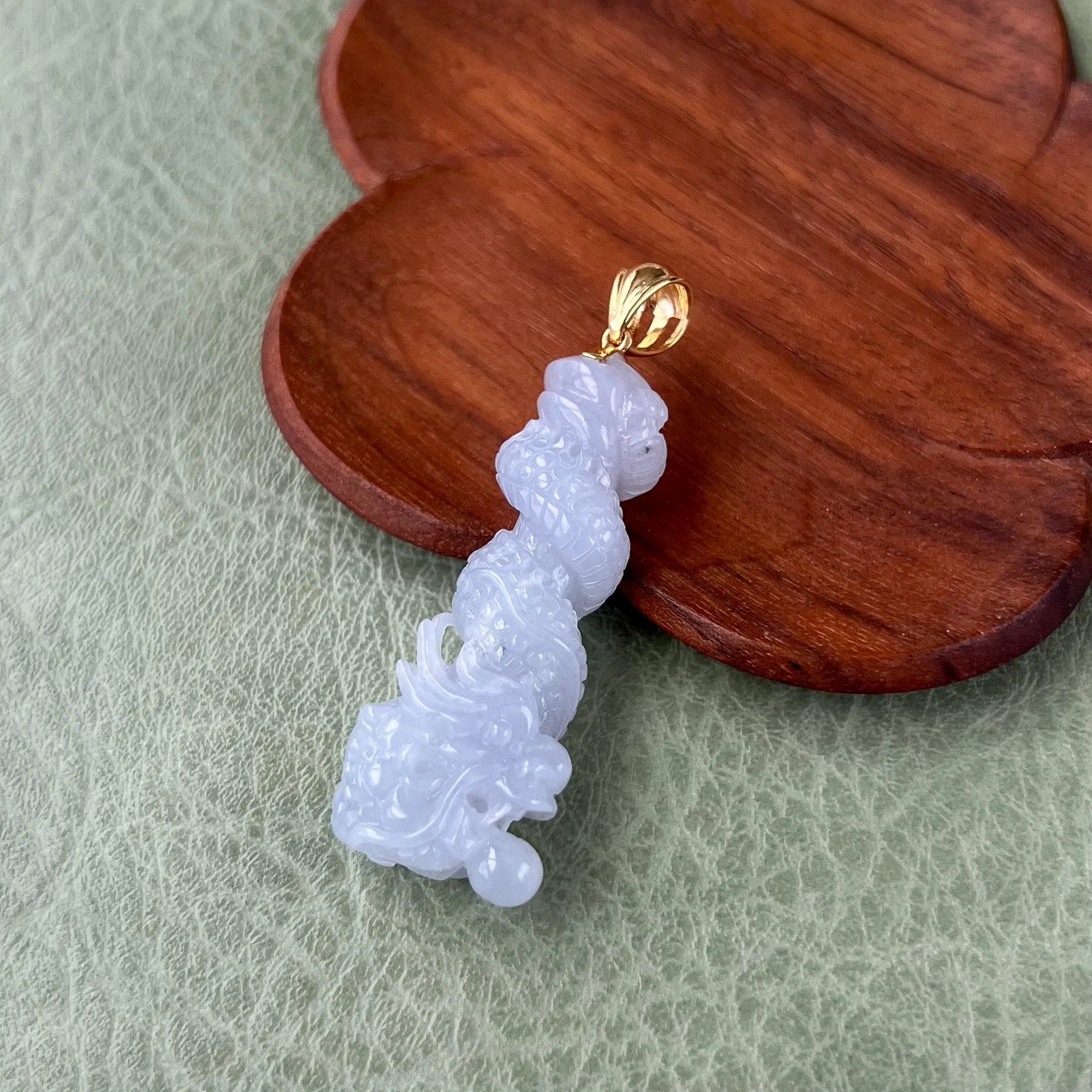 Dragon's Embrace Pendant with 18K Gold, Style 4, Light Purple Jadeite Jade Dragon Hand Carved Pendant, ROS-0424-1731123653
