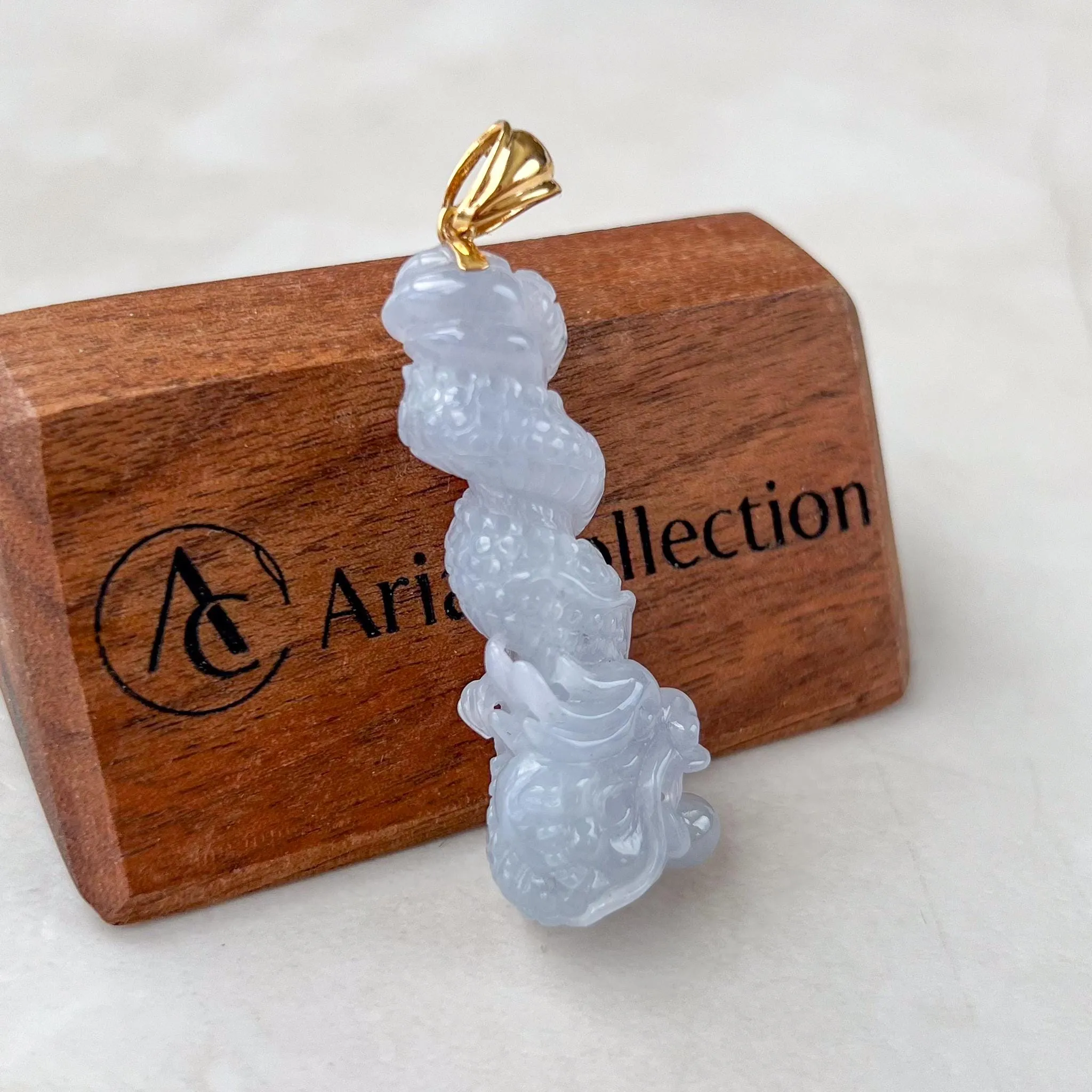 Dragon's Embrace Pendant with 18K Gold, Style 4, Light Purple Jadeite Jade Dragon Hand Carved Pendant, ROS-0424-1731123653