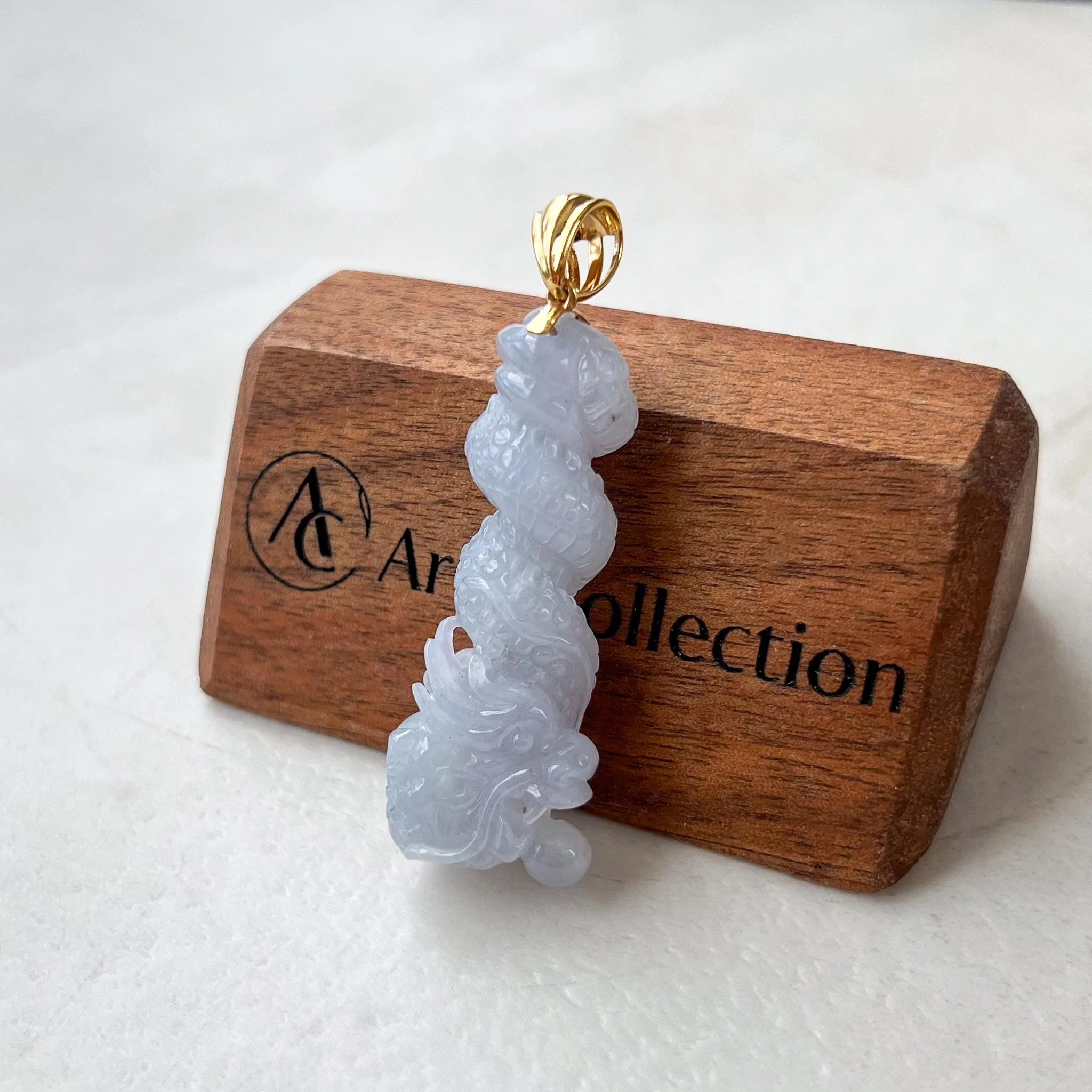 Dragon's Embrace Pendant with 18K Gold, Style 4, Light Purple Jadeite Jade Dragon Hand Carved Pendant, ROS-0424-1731123653
