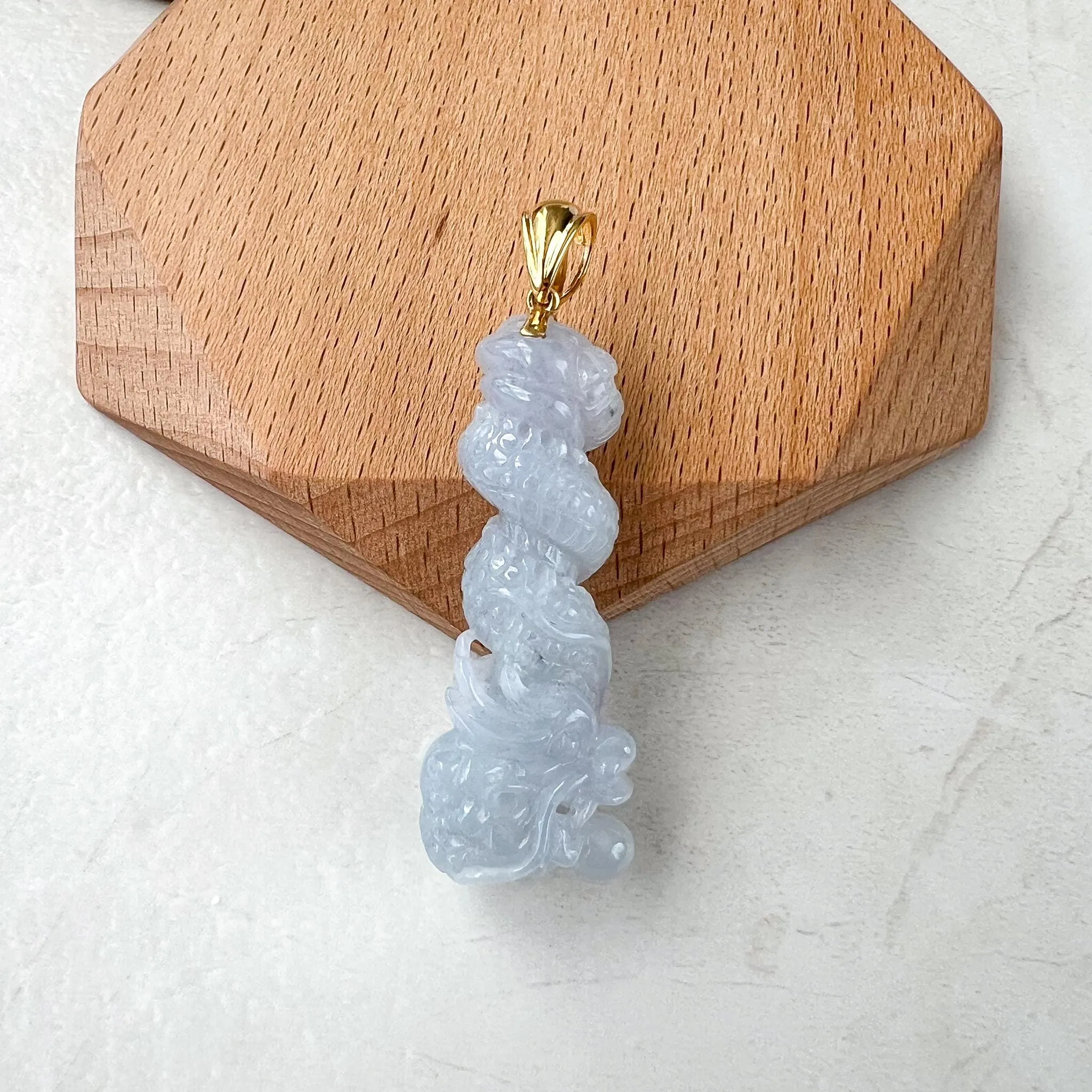 Dragon's Embrace Pendant with 18K Gold, Style 4, Light Purple Jadeite Jade Dragon Hand Carved Pendant, ROS-0424-1731123653
