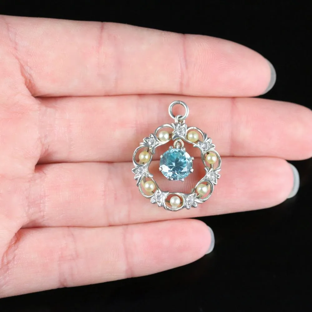 Edwardian Pendant Platinum Edwardian Blue Zircon Diamond And Pearl Pendant 1915