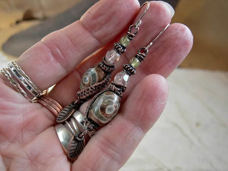 Etched Agate Earrings, Copper Wire Wrap & Faceted Quartz Crystal