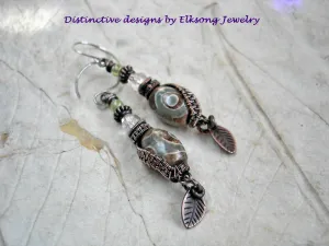 Etched Agate Earrings, Copper Wire Wrap & Faceted Quartz Crystal