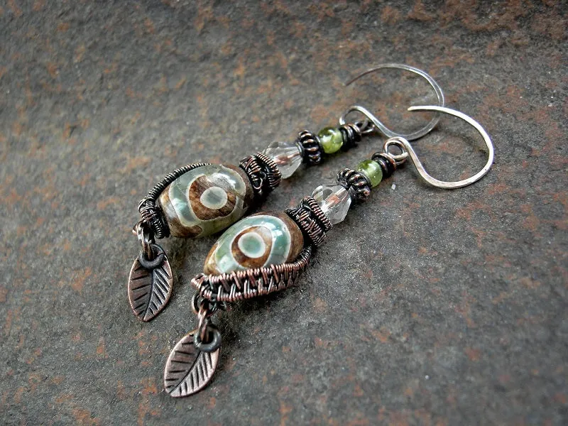Etched Agate Earrings, Copper Wire Wrap & Faceted Quartz Crystal