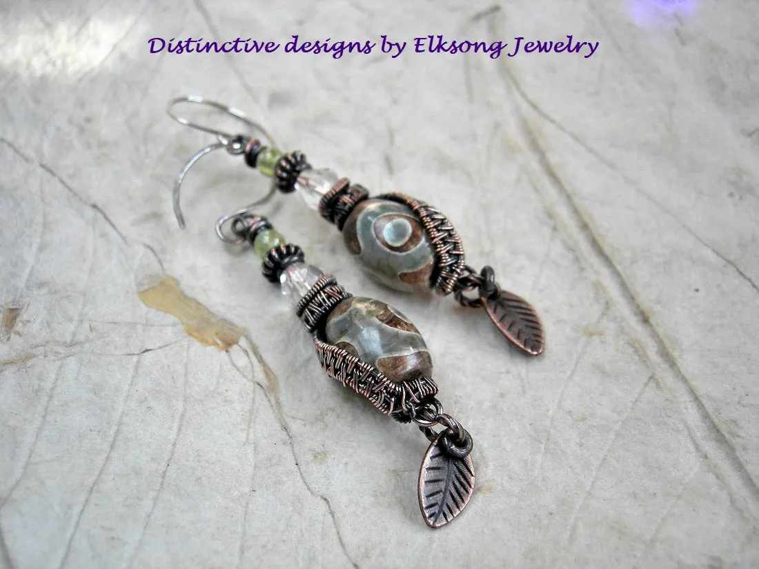 Etched Agate Earrings, Copper Wire Wrap & Faceted Quartz Crystal