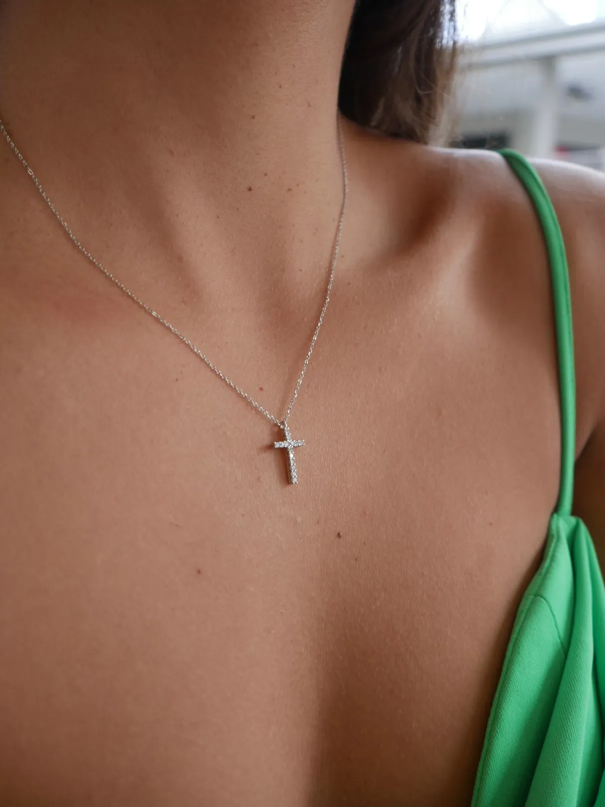 Everyday Cross Diamond CZ Sterling Silver Waterproof Necklace