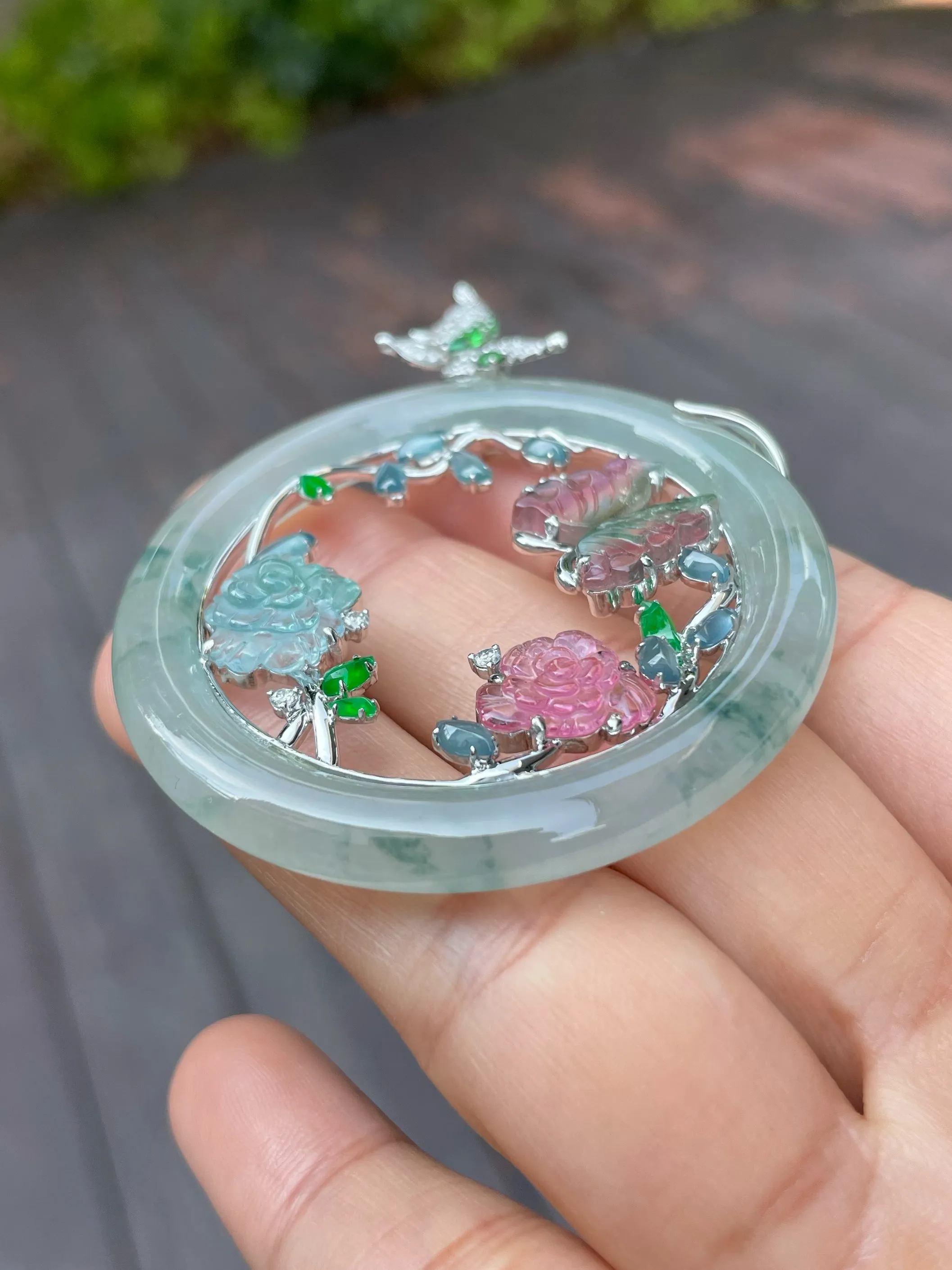 Icy Bluish Flower Jade Pendant (NJP048)