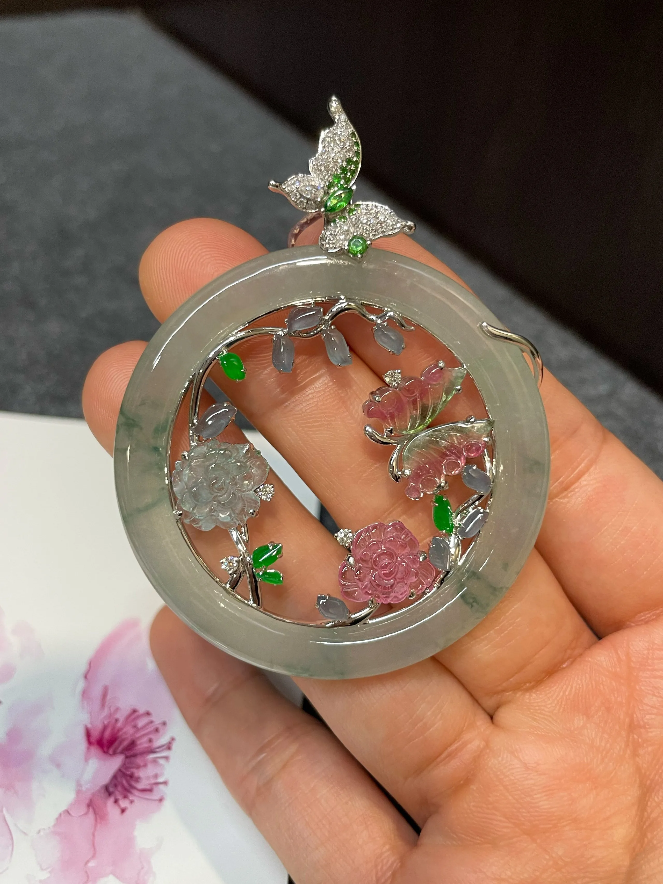Icy Bluish Flower Jade Pendant (NJP048)