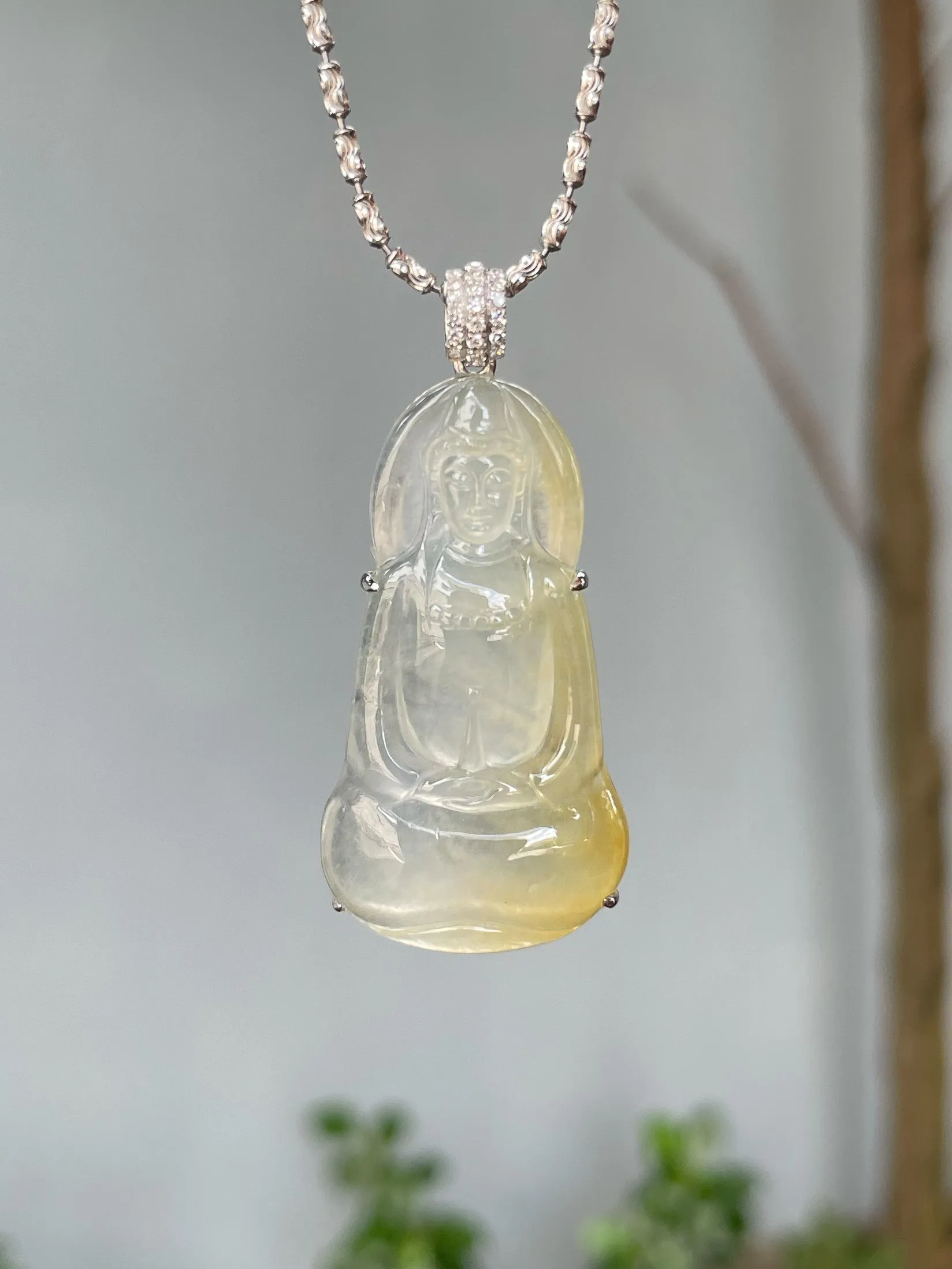 Icy Yellow Jadeite Pendant -  Goddess Of Mercy (NJP085)