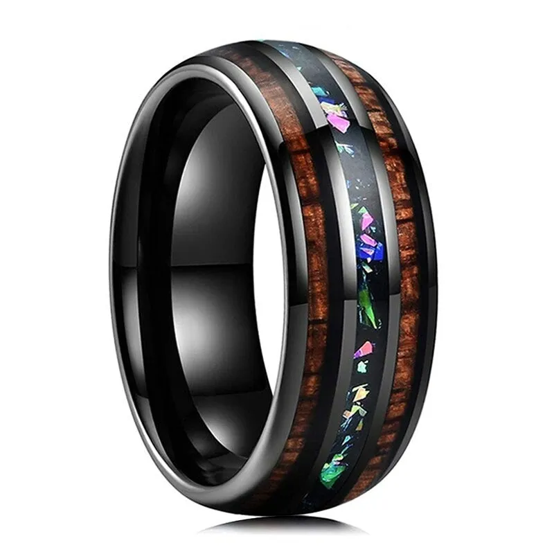 Koa Wood & Opal Black Tungsten Ring (8mm)