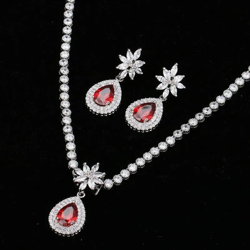 Luxurious AAA  CZ Multicoloured Crystals High Quality Shiny Bride Jewelry Sets with Necklace   Earrings