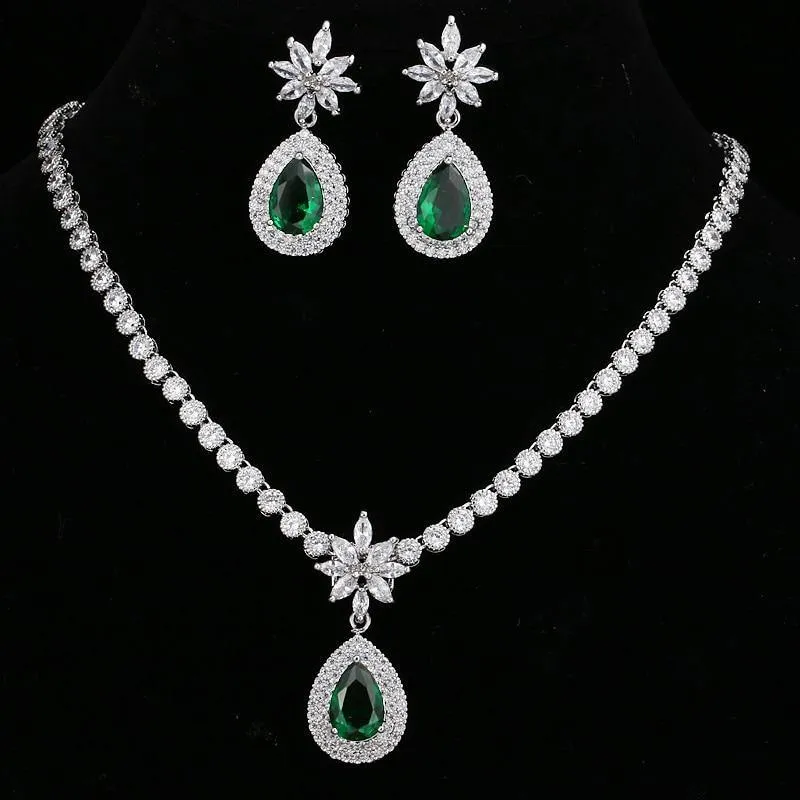Luxurious AAA  CZ Multicoloured Crystals High Quality Shiny Bride Jewelry Sets with Necklace   Earrings