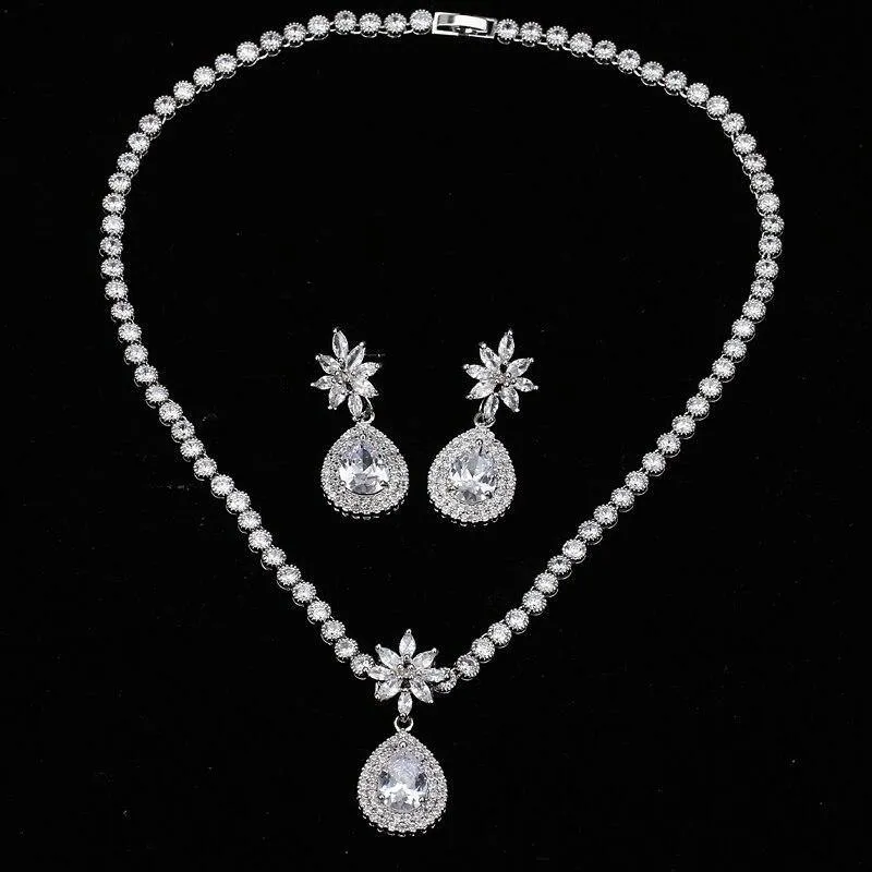 Luxurious AAA  CZ Multicoloured Crystals High Quality Shiny Bride Jewelry Sets with Necklace   Earrings