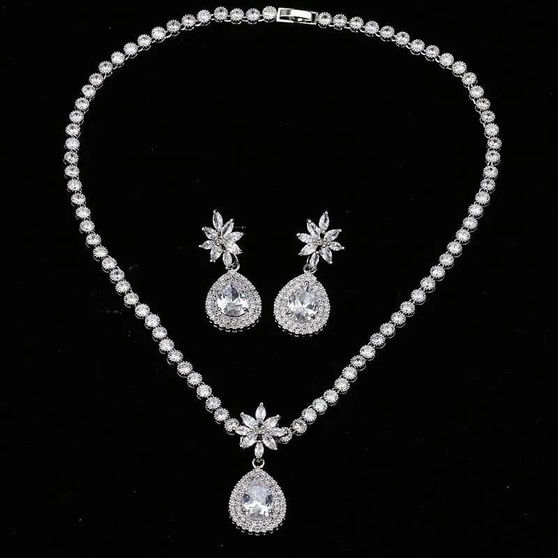 Luxurious AAA  CZ Multicoloured Crystals High Quality Shiny Bride Jewelry Sets with Necklace   Earrings