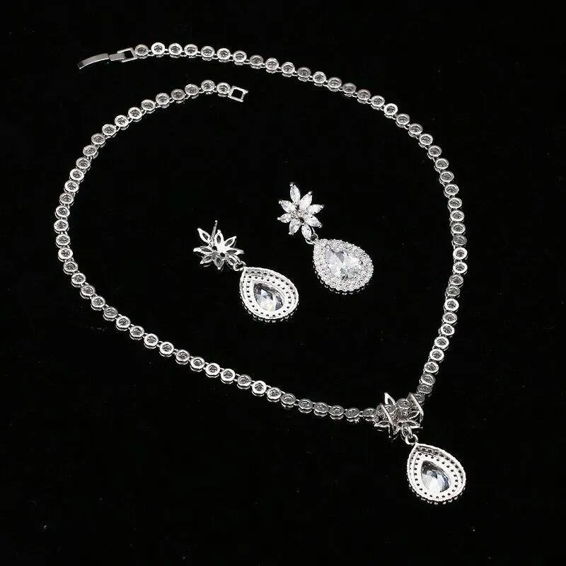 Luxurious AAA  CZ Multicoloured Crystals High Quality Shiny Bride Jewelry Sets with Necklace   Earrings