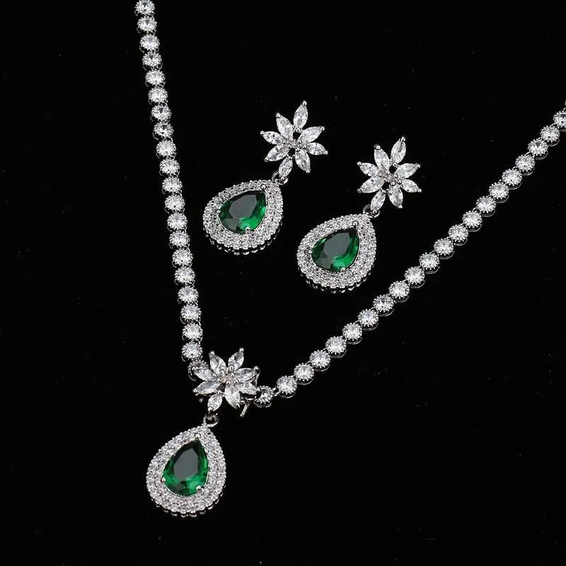 Luxurious AAA  CZ Multicoloured Crystals High Quality Shiny Bride Jewelry Sets with Necklace   Earrings