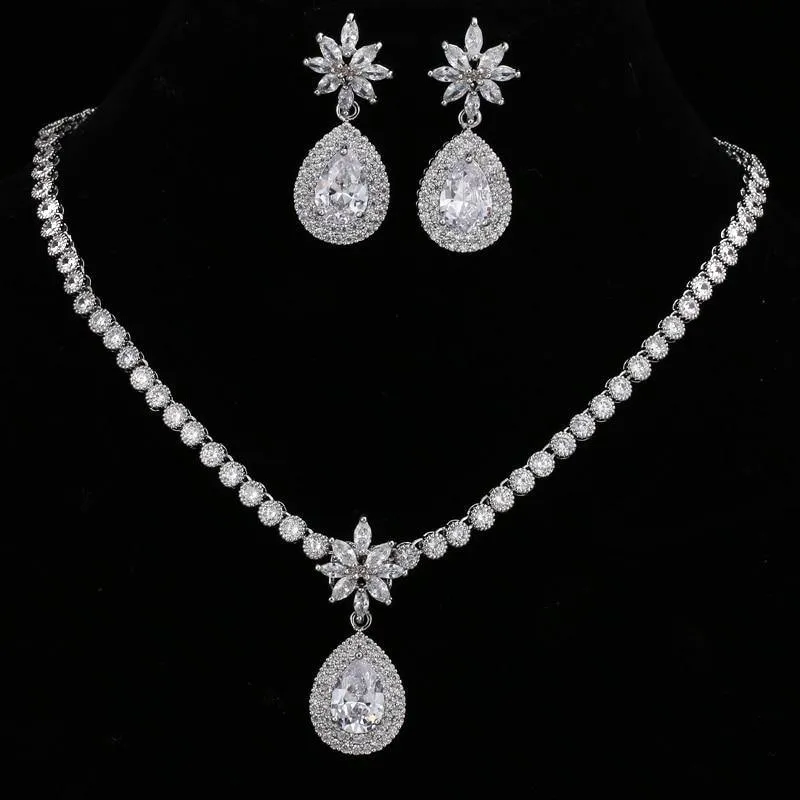 Luxurious AAA  CZ Multicoloured Crystals High Quality Shiny Bride Jewelry Sets with Necklace   Earrings