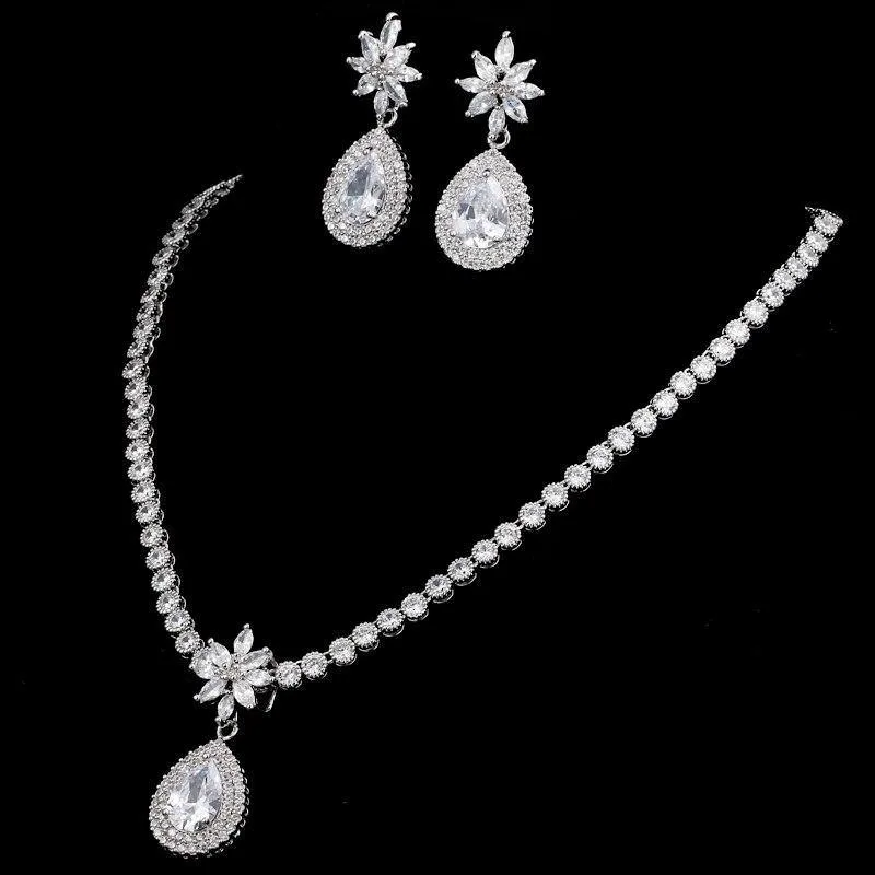 Luxurious AAA  CZ Multicoloured Crystals High Quality Shiny Bride Jewelry Sets with Necklace   Earrings
