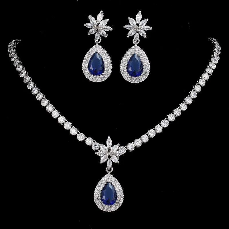 Luxurious AAA  CZ Multicoloured Crystals High Quality Shiny Bride Jewelry Sets with Necklace   Earrings