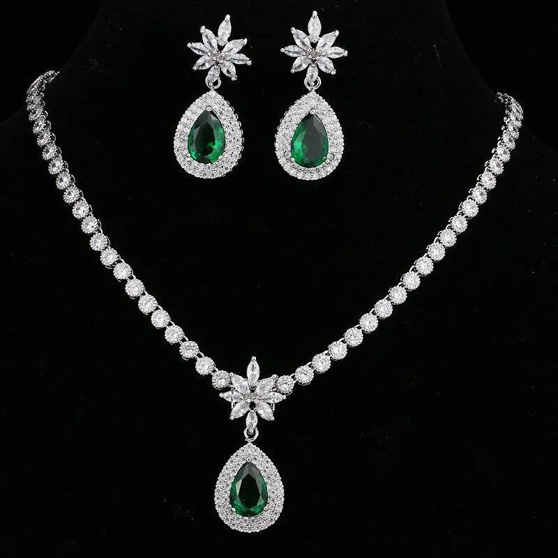 Luxurious AAA  CZ Multicoloured Crystals High Quality Shiny Bride Jewelry Sets with Necklace   Earrings